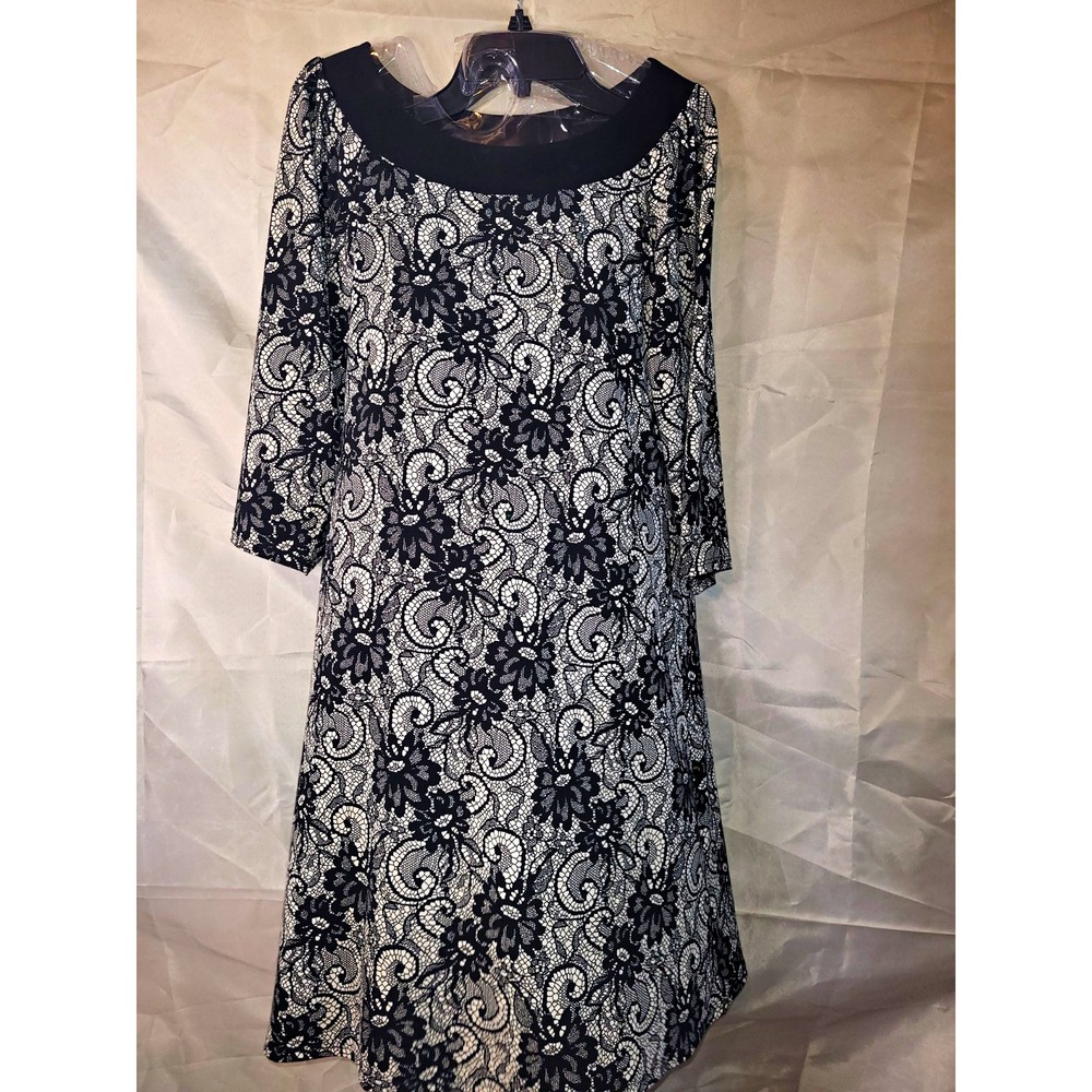 Tatiana B Black White Floral Lace Shift Stretch 3/4 Sleeve Knee Dress L